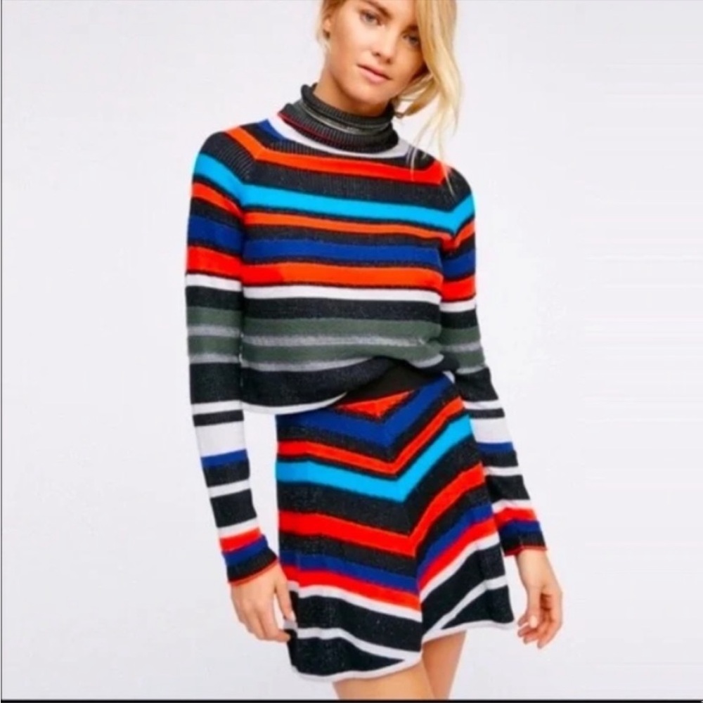 Free People Colorful Chevron Knit A-line Skirt Black Red Blue S